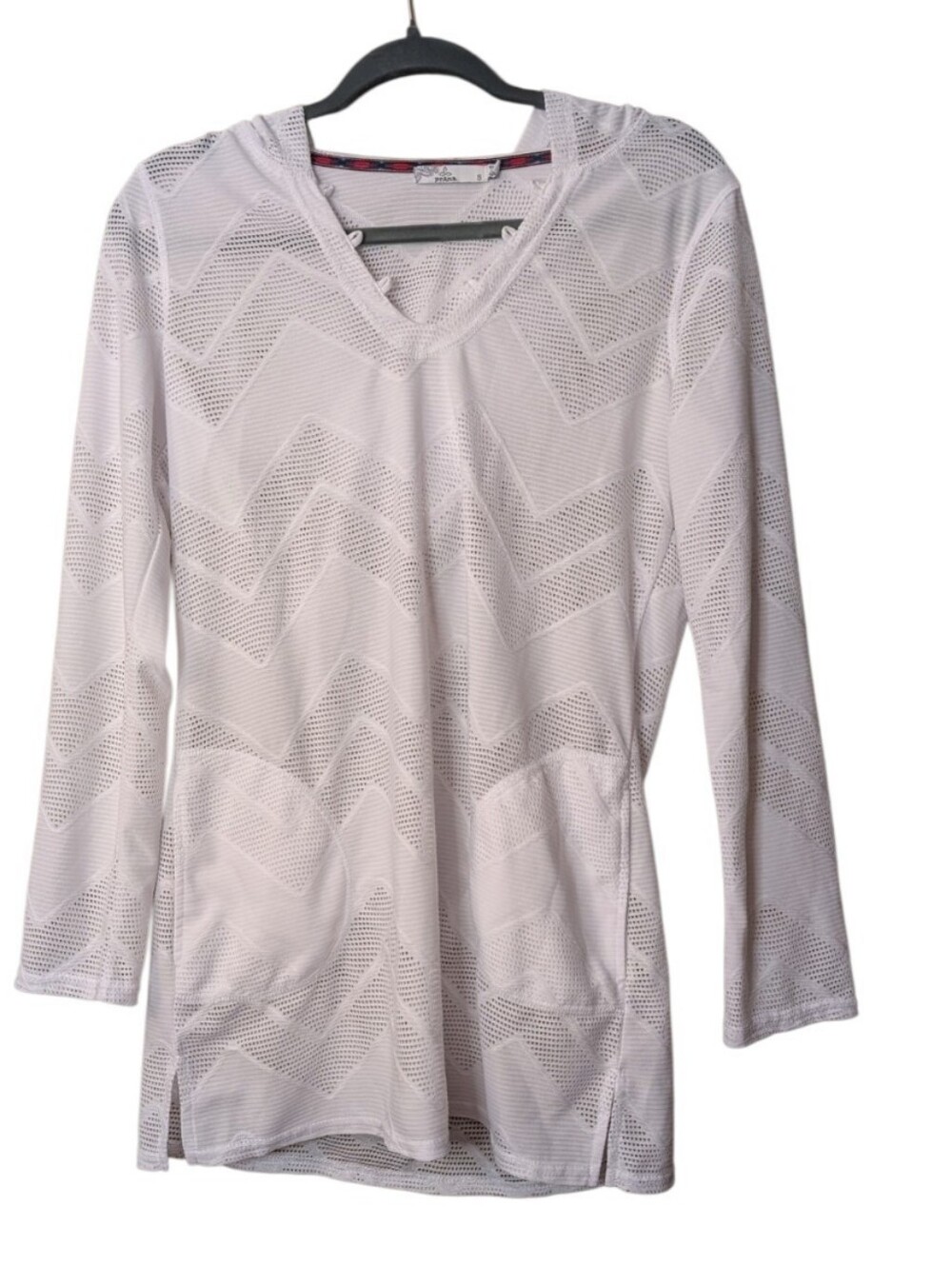 Prana white Shea Tunic coverup lightweight chevron pointelle knit relaxed hood S